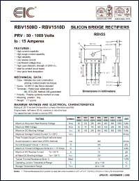 RBV1501D datasheet: 100 V, 15 A, silicon bridge rectifier RBV1501D