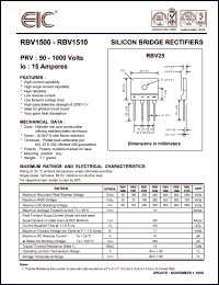 RBV1504 datasheet: 400 V, 15 A, silicon bridge rectifier RBV1504