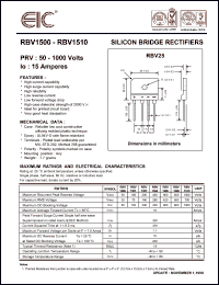 RBV1502 datasheet: 200 V, 15 A, silicon bridge rectifier RBV1502
