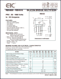 RBV604 datasheet: 400 V, 6 A, silicon bridge rectifier RBV604