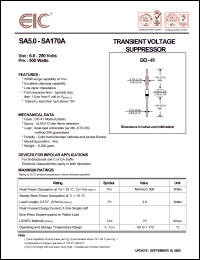 SA18A datasheet: 18 V, 1.0 mA, 500 W transient voltage suppressor SA18A