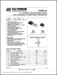 STD8N10L datasheet: Power dissipation 45 W Transistor polarity N Channel Current Id cont. 8 A Current Idm pulse 32 A Voltage Vgs th max. 2.5 V Voltage Vds max 100 V Resistance Rds on 0.33 R Temperature current 25 ?C STD8N10L