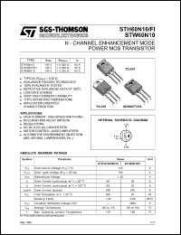 STH60N10 datasheet: Power dissipation 200 W Transistor polarity N Channel Current Id cont. 60 A Current Idm pulse 240 A Pitch lead 5.45 mm Voltage Vds max 100 V Resistance Rds on 0.025 R Temperature current 25 ?C STH60N10