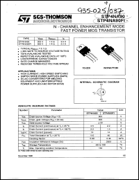 STP4NA90 datasheet: Power dissipation 100 W Transistor polarity N Channel Current Id cont. 3.5 A Current Idm pulse 14 A Voltage Vgs th max. 3.75 V Voltage Vds max 900 V Resistance Rds on 4 R Temperature power 25 ?C STP4NA90