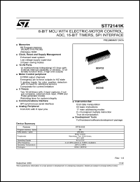 ST72T141K2B6 datasheet: Bits number of 8 Memory type OTP Microprocessor/controller features PMDC motor control peripheral/SPI Frequency clock 16 MHz Memory size 8 K-bit ST72T141K2B6