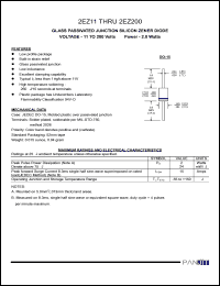 2EZ11 datasheet: Glass passivated junction silicon zener diode. Power 2.0 Watts. Nominal zener voltage Vz = 11.0 V. Test current Izt = 45.5 mA. 2EZ11