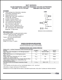 3KP14 datasheet: Glass passivated junction transient voltage suppressor. 3000 W peak pulse power. Vrwm = 14.00 V. Vbr = 15.60 V (min), 19.80 V (max). It = 1 mA. 3KP14