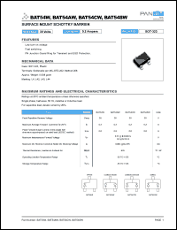 BAT54W datasheet: Surface mount schottky barrier diode. Max recurrent peak reverse voltage 30 V. Max average forward current 0.2 A. BAT54W