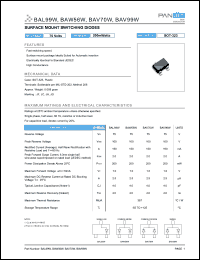 BAL99W datasheet: Surface mount switching diode. Power 200 mW. Reverse voltage 75 V. Rectified current 150 mA. BAL99W