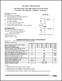 BY397 datasheet: Soft recovery, fast switching  plastic rectifier. Max recurrent peak reverse voltage 200 V. Max average forward rectified current 3.0 A. BY397