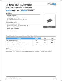 BZT52-C3 datasheet: Surface mount silicon zener diode. Power 410 mWatts. Nominal zener voltage 3 V @ Iz = 5 mA. BZT52-C3