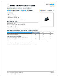 BZT52-C2V7S datasheet: Surface mount silicon zener diode. Power 200 mWatts. Nominal zener voltage 2.7 V BZT52-C2V7S