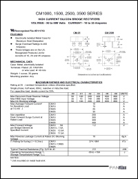 CM1501 datasheet: High current silicon bridge rectifier. Max recurrent peak reverse voltage 100V. Max average forward current for resistive load 15A. Non-repetive peak forward surge current at rated load 300A. CM1501