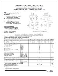 CM1502 datasheet: High current silicon bridge rectifier. Max recurrent peak reverse voltage 200V. Max average forward current for resistive load 15A. Non-repetive peak forward surge current at rated load 300A. CM1502