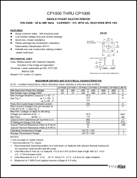 CP1000 datasheet: Single-phase silicon bridge. Max recurrent peak reverse voltage 50V. Max average rectified output 10.0A(at Tc=50), 3.0A(at Tc=100), 3.0(at Ta=50). CP1000