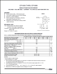 CP1006 datasheet: Single-phase silicon bridge. Max recurrent peak reverse voltage 600V. Max average rectified output 10.0A(at Tc=50), 3.0A(at Tc=100), 3.0(at Ta=50). CP1006