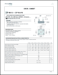 CP1500 datasheet: Single-phase silicon bridge rectifier. Max recurrent peak reverse voltage 50V. Max average forward current for resistive load at Tc=55degC 15A. CP1500