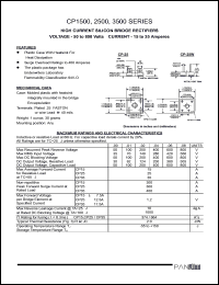 CP3500 datasheet: High current silicon bridge rectifier. Max recurrent peak reverse voltage 50V. Max average forward current for resistive load at Tc=55degC 35A. CP3500