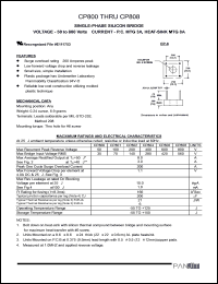 CP800 datasheet: Single-phase silicon bridge - P.C. MTG 3A, heat-sink MTG 8A . Max recurrent peak reverse voltage 50V. Max average rectified output 8.0A(at Tc=50), 3.0(at Ta=25). CP800