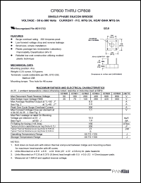 CP804 datasheet: Single-phase silicon bridge - P.C. MTG 3A, heat-sink MTG 8A . Max recurrent peak reverse voltage 400V. Max average rectified output 8.0A(at Tc=50), 3.0(at Ta=25). CP804