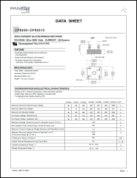 CP5006 datasheet: High current silicon bridge rectifier. Max recurrent peak reverse voltage 600V. Max average forward current for resistive load at 55degC 50.0A. CP5006