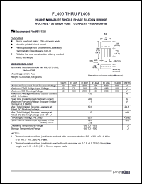 FL400 datasheet: In-line miniature single phase silicon bridge. Max recurrent peak reverse voltage 50V. Max average rectified output current 4.0 A. FL400