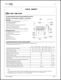 GBJ10A datasheet: Glass passivated single-phase bridge rectifier. Max recurrent peak reverse voltage 50V. Max average forward rectified output current 10.0 A(Tc=100degC), 8.0A(Ta=45degC).. GBJ10A