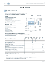 GBJ6J datasheet: Glass passivated single-phase bridge rectifier. Max recurrent peak reverse voltage 600V. Max average forward rectified output current 6.0 A(Tc=100degC). GBJ6J