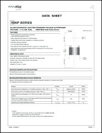 15KP17A datasheet: Glass passivated junction transient voltage suppressor. Vrwm = 17 V. Vbr(min/max) = 18.9/21.7 V @ It = 50 mA. Ir = 5000 uA. Vc = 27.6 V @ Ipp = 543 A. 15KP17A