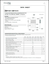 GBP300 datasheet: In-line glass passivated single-phase bridge rectifier. Max recurrent peak reverse voltage 50 V. Max average rectified output current at 50degC ambient 3.0 A. GBP300