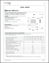 GBP304 datasheet: In-line glass passivated single-phase bridge rectifier. Max recurrent peak reverse voltage 400 V. Max average rectified output current at 50degC ambient 3.0 A. GBP304
