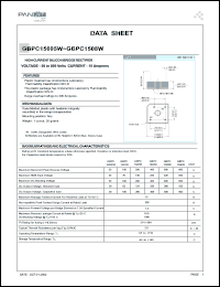 GBPC15005W datasheet: High current silicon bridge rectifier. Max recurrent peak reverse voltage 50 V. Max average forward current for resistive load at Tc=55degC 15 A. GBPC15005W