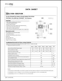 GBU10B datasheet: Glass passivated single-phase bridge rectifier. Max recurrent peak reverse voltage 100 V. Max average forward rectified output current at Tc=100degC 10.0 A. GBU10B