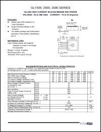 GL1500 datasheet: In-line high current silicon bridge rectifier. Max recurrent peak reverse voltage 50 V. Max average forward current for resistive load at Tc=55degC 15 A. GL1500