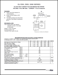 GL1501 datasheet: In-line high current silicon bridge rectifier. Max recurrent peak reverse voltage 100 V. Max average forward current for resistive load at Tc=55degC 15 A. GL1501