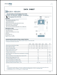 KBU6B datasheet: Silicon single-phase bridge rectifier voltage. Max recurrent peak reverse voltage 100 V. Max average forward rectified output current: at Tc = 100degC 6.0 A, at Ta = 40degC 6.0 A. KBU6B