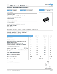 MMBD4148 datasheet: Surface mount switching diode. Power 350 mWatts. Reverse voltage 75 V. Rectified current (average),half wave rectification with resistive load and f >=50 Io = 150 mA. MMBD4148