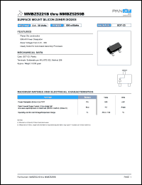 MMBZ5221B datasheet: Surface mount silicon zener diode. Nominal zener voltage Vz = 2.4 V @ Izt. 500 mWatts zener diode. MMBZ5221B