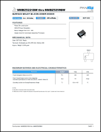 MMBZ5221BW datasheet: Surface mount silicon zener diode. Nominal zener voltage Vz = 2.4 V @ Izt. 200 mWatts zener diode. MMBZ5221BW