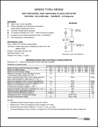 MR851 datasheet: Soft recoveru, fast switching plastic rectifier. Max recurrent peak reverse voltage Vrrm = 100 V. Max average forward rectified current I(av) = 3.0 A. MR851