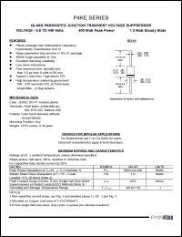 P4KE7.5A datasheet: Glass passivated junction transient voltage suppressor. 400 Watt peak power. 1.0 Watt steady state. Vrwm = 6.40V, Vbr(min/max) = 7.13/7.88V, It = 10mA. P4KE7.5A