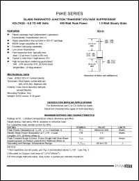 P4KE22A datasheet: Glass passivated junction transient voltage suppressor. 400 Watt peak power. 1.0 Watt steady state. Vrwm = 18.80V, Vbr(min/max) = 20.90/23.10V, It = 1mA. P4KE22A