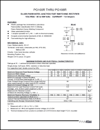PG100R datasheet: Glass passivated junction fast switching rectifier. Max recurrent peak reverse voltage 50 A. Max average forward rectified current 9.5mm lead length at Ta = 55degC 1.0 A. PG100R
