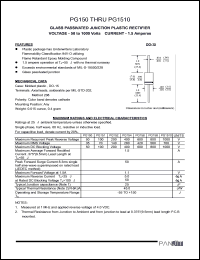 PG151 datasheet: Glass passivated junction plastic rectifier. Max recurrent peak reverse voltage 100 A. Max average forward rectified current 9.5mm lead length at Ta = 55degC 1.5 A. PG151