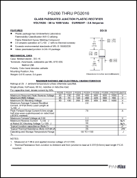 PG202 datasheet: Glass passivated junction plastic rectifier. Max recurrent peak reverse voltage 200 A. Max average forward rectified current 9.5mm lead lehgth at Ta = 55degC 2.0 A. PG202