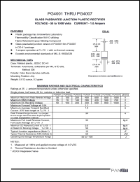 PG4003 datasheet: Glass passivated junction plastic rectifier. Max recurrent peak reverse voltage 200 A. Max average forward rectified current 0.375inches lead length at 75degC 1.0 A.. PG4003