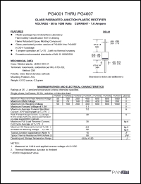 PG4005 datasheet: Glass passivated junction plastic rectifier. Max recurrent peak reverse voltage 600 A. Max average forward rectified current 0.375inches lead length at 75degC 1.0 A.. PG4005