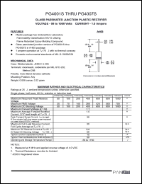 PG4002S datasheet: Glass passivated junction plastic rectifier. Max recurrent peak reverse voltage 100 A. Max average forward rectified current 0.375inches lead length at Ta = 75degC 1.0 A.. PG4002S