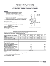 PG4004S datasheet: Glass passivated junction plastic rectifier. Max recurrent peak reverse voltage 400 A. Max average forward rectified current 0.375inches lead length at Ta = 75degC 1.0 A.. PG4004S