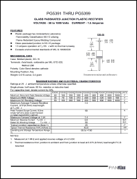 PG5392 datasheet: Glass passivated junction plastic rectifier. Max recurrent peak reverse voltage 100 A. Max average forward rectified current 0.375inches lead length at Ta = 55degC 1.5 A.. PG5392